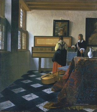 バロック Painting - ヴァージナルの貴婦人と紳士バロック様式のヨハネス・フェルメール